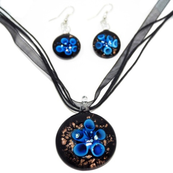 Reef Blue Flower Glass Jewelry Set (Necklace & Earrings) - Picture 1 of 4